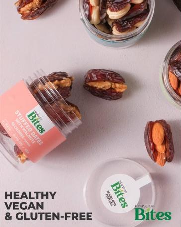 Stuffed dates spilling from open House of Bites jars, with the words healthy, vegan and gluten-free.